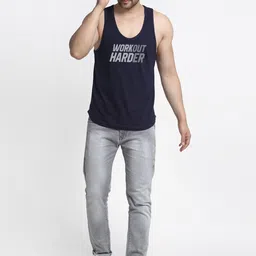 Friskers Men Navy Blue & Grey Printed Cotton Gym Vest C122-17-S image 5
