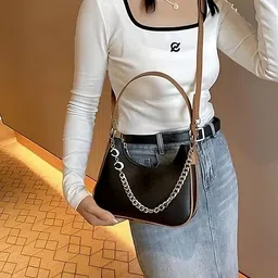 aksuti Women's Hobo Shoulder Bag with Chain, Black and Brown, Faux Leather image 3