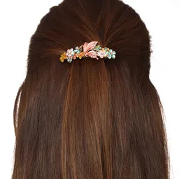 Yellow Chimes Designed Multicolor Crystal Studded French Baratte Hair Clip image 2