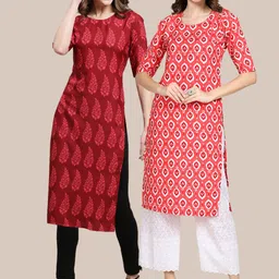 7threads KALINI Women Pack Of 2 Red & Peach-Coloured Ethnic Motifs Printed Crepe Kurta-picture-32