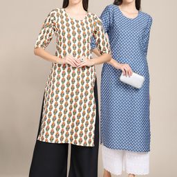 7threads KALINI Women Pack Of 2 Cream-Coloured & Blue Printed Block Print Crepe Kurtas-picture-1