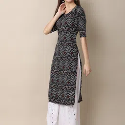 7threads KALINI Women Pack of 2 Black & Cream-Coloured Ethnic Motifs Printed Handloom Crepe Kurta image 3