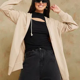 Styli Women Beige Front-Open Cotton Hooded Sweatshirt-image-53