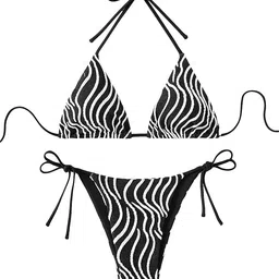 pleasing strings Women 2pc Zebra Striped Halter Triangle Side Tie Bikini Set image 3