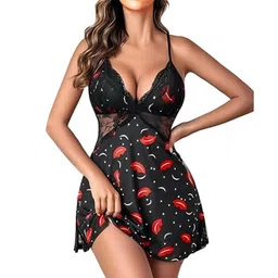 fihana Sheer Lace Babydoll Lingerie | Red and Black Print Nightwear | Plunging Neckline & Adjustable Straps | Sexy Figure-Hugging Sleepwear for Women | Romantic image 1