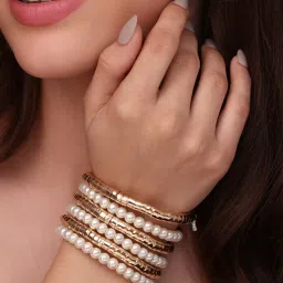 ToniQ Golden Imitation Pearl Stacked Bracelet-image-10