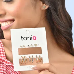 ToniQ Gold Plated Stone Stud and Hoop Earrings (Pack of 6)-picture-37