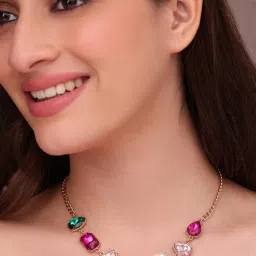 ToniQ Multi-Color Rose Gold-Tone Multi-Cut Gemstone Link Necklace-image-20