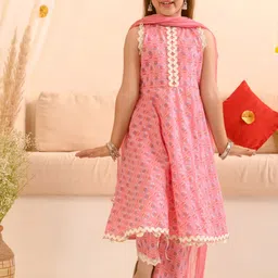 pspeaches Girls Ethnic Motifs Printed Pure Cotton Kurta With Trousers & With Dupatta-picture-17