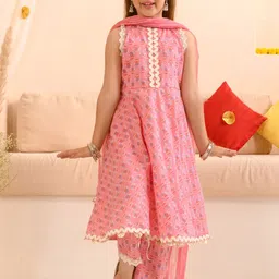 pspeaches Girls Floral Printed Pure Cotton Kurta with Trousers & With Dupatta-picture-57