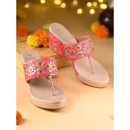 ROCIA Pink Women Ethnic Lace Wedges Heels image 1