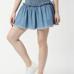 Pepe Jeans Smocked Pure Cotton Denim Mini Skirt-image-0