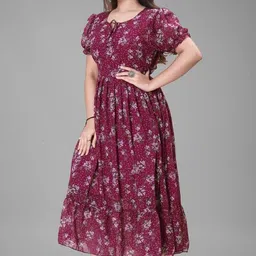 bhadani Women's Printed Georgette Regular Fit Round Neck Short Sleeve Fancy Flare Long Dress image 4