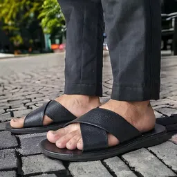 irnado Genuine Leather Men Cross Strap Padded Flip Flop Sandal Airmax Sole Anti Skid Outdoor Casual Summer Beach Comfortable Walking Close Strap Slipper Dailywear image 5