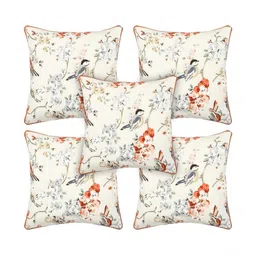 MONKDECOR Cream-Coloured & Orange Set of 5 Floral Square Cushion Covers-image-22
