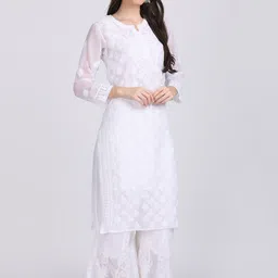 KHAKA Paisley Embroidered Notched Neck Chikankari Straight Kurta with Sharara & Dupatta image 3