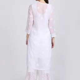 KHAKA Paisley Embroidered Notched Neck Chikankari Straight Kurta with Sharara & Dupatta image 2