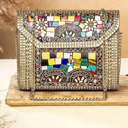 shakuntla vintage Gold Metal Coloured Stone Sling Bag Clutch Purse for Girls Womens image 5