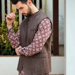 Louis Philippe Men Brown Tailored Fit Striped Woolen Nehru Jacket-picture-36
