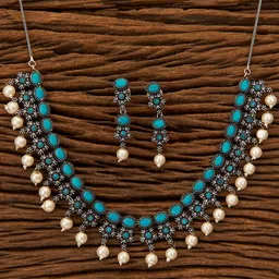 Fida Silver-Toned & Turquoise Blue Floral Designed Oxidised Jewellery Set-picture-24