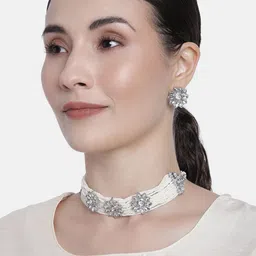 I Jewels White Rhodium-Plated Pearl Beaded Choker & Earring Jewellery Set-picture-31