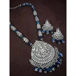 I Jewels Silver-Plated Polka Kundan Stone-Studded And Beaded Jewellery Set image 1
