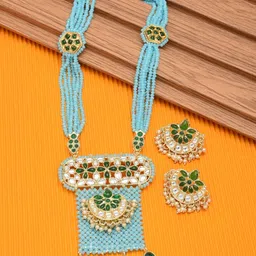 Zaveri Pearls Gold-Plated White & Blue Kundan-Studded & Crystal Beaded Jewellery Set-picture-13
