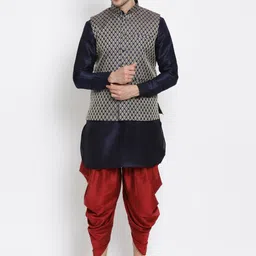 VASTRAMAY Mandarin Collar Regular Kurta with Dhoti Pants & Woven Design Nehru Jacket image 1