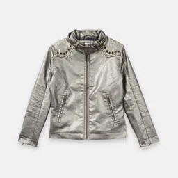 ELLE Girls Grey Solid Leather Jacket image 1