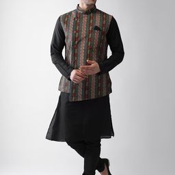 KISAH Men Multicoloured Regular Kurta with Churidar & Geometric Print Nehru Jacket Set-picture-18