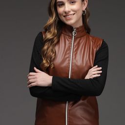 TANDUL Women Colourblocked Leather Biker Jacket-picture-1
