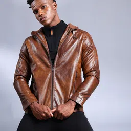 The Indian Garage Co Men Brown Solid Biker Jacket-picture-13