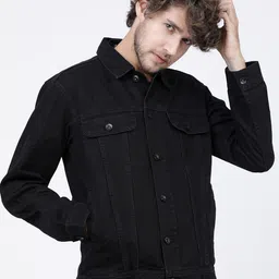 LOCOMOTIVE Men Black Solid Denim Jacket-picture-1