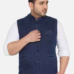 John Pride Men Blue Plus Size Denim Nehru Jacket-image-43