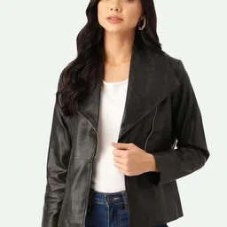 Leather Retail Women Black Outdoor Biker Jacket-picture-24