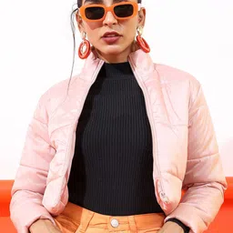 Tokyo Talkies Women Pink Colourblocked Crop Padded Jacket-picture-26