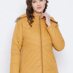 VERO AMORE Women Mustard Solid Insulator Puffer Hooded Jacket with Faux Fur Trim-picture-33