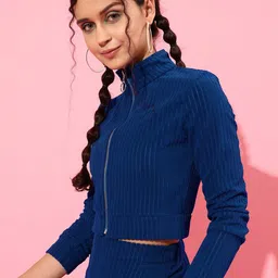 STREET 9 Women Blue Striped Crop Tailored Jacket-image-33