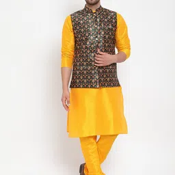 KRAFT INDIA Men Mustard & Green Yellow Regular Dupion Silk Kurta Set with Nehru Jacket-picture-30