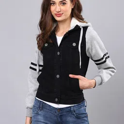 Campus Sutra Women Black Grey Colourblocked Windcheater Denim Jacket-image-43