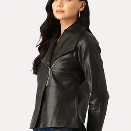 Leather Retail Women Black Outdoor Biker Jacket image 5