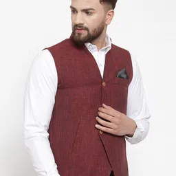 KLOTTHE Men Maroon Solid Pure Cotton Woven Design Nehru Jacket image 5