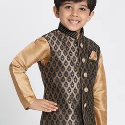 VASTRAMAY Boys Black & Gold Colored Woven Design Nehru Jackets image 4