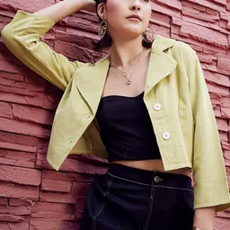 Athena Olive Green Lapel Collar Corduroy Crop Tailored Jacket image 2