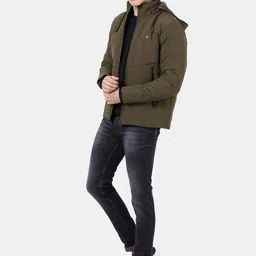 t-base Men Olive Green Windcheater Longline Puffer Jacket image 4