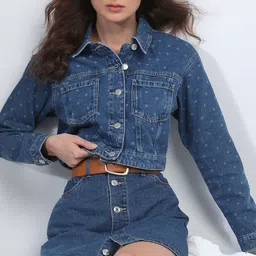 Vero Moda Spread Collar Washed Pure Cotton Crop Denim Jacket-picture-28