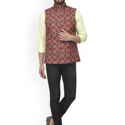 Benstoke Men Red & Black Printed Woven Nehru Jacket image 2