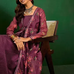Sangria Purple Floral Printed Cotton Fit & Flare Midi Ethnic Dress With Jacket-picture-19