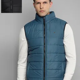 Allen Cooper Men Teal Blue & Black Reversible Sleeveless Quilted Jacket image 1