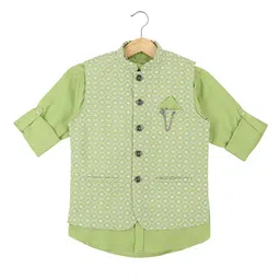 CAVIO Boys Green Printed Nehru Jacket With Brooch-image-81